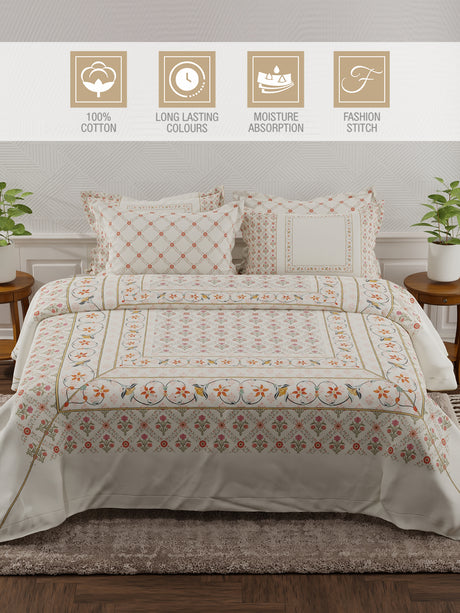 Meenakari Design Prints | 100% Cotton 800 TC White Digitally Printed 1 Bedsheet and 4 Pillow Covers | Platinum Pulse Collection