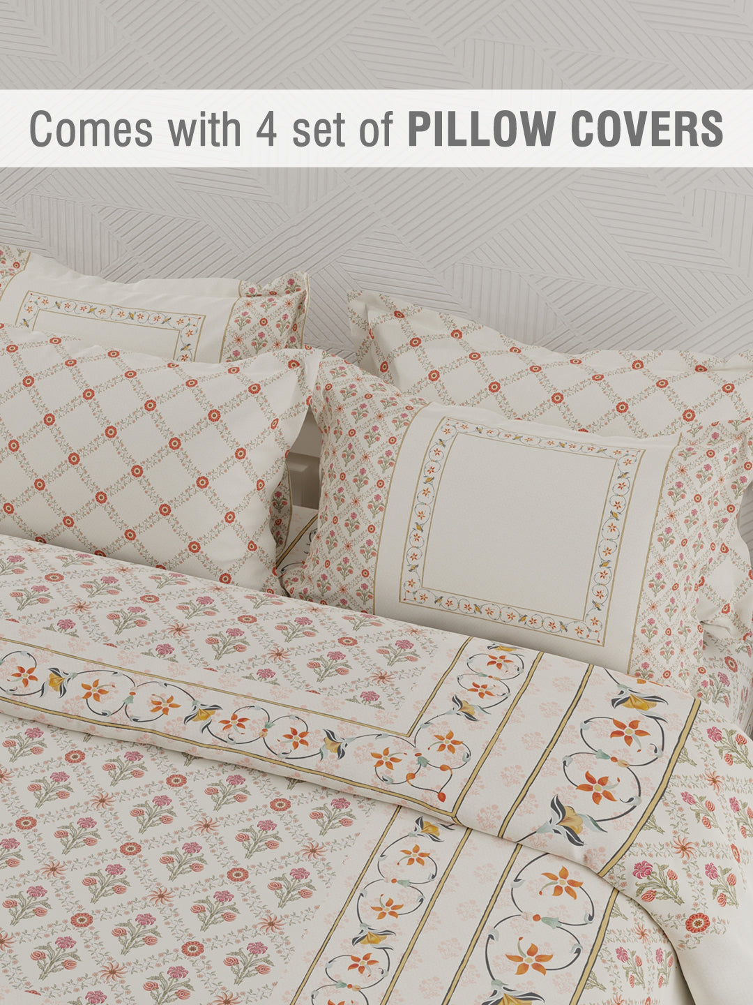 Meenakari Design Prints | 100% Cotton 800 TC White Digitally Printed 1 Bedsheet and 4 Pillow Covers | Platinum Pulse Collection