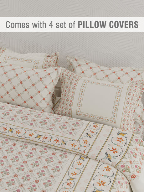 Meenakari Design Prints | 100% Cotton 800 TC White Digitally Printed 1 Bedsheet and 4 Pillow Covers | Platinum Pulse Collection