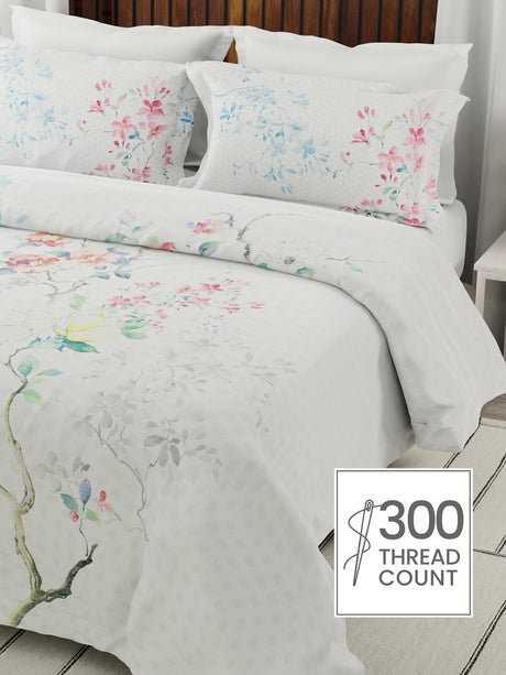 Gardenia Augusta 100% Cotton 300 TC White Floral Bedsheet with 2 Pillow Covers - Super King (120 L x 120 W inches)