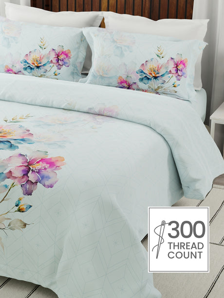 Gardenia Augusta 100% Cotton 300 TC Blue Floral Bedsheet with 2 Pillow Covers - Super King (120 L x 120 W inches)