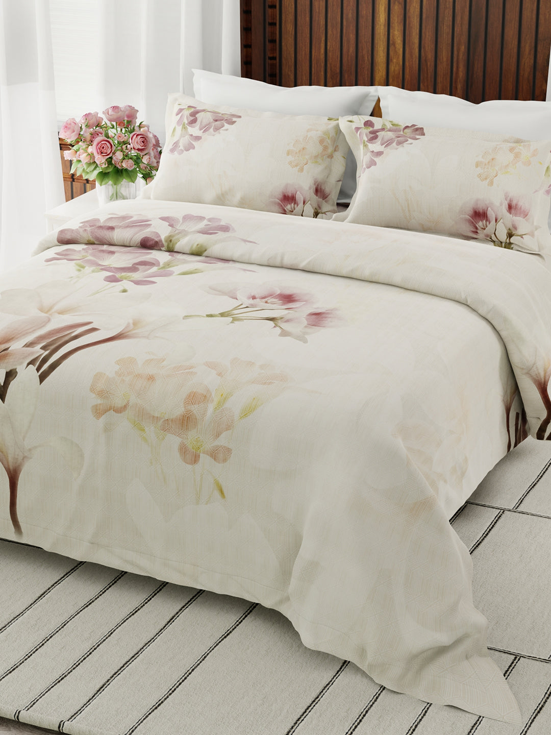 Gardenia Augusta 100% Cotton 300 TC Cream Floral Bedsheet with 2 Pillow Covers - Super King (120 L x 120 W inches)