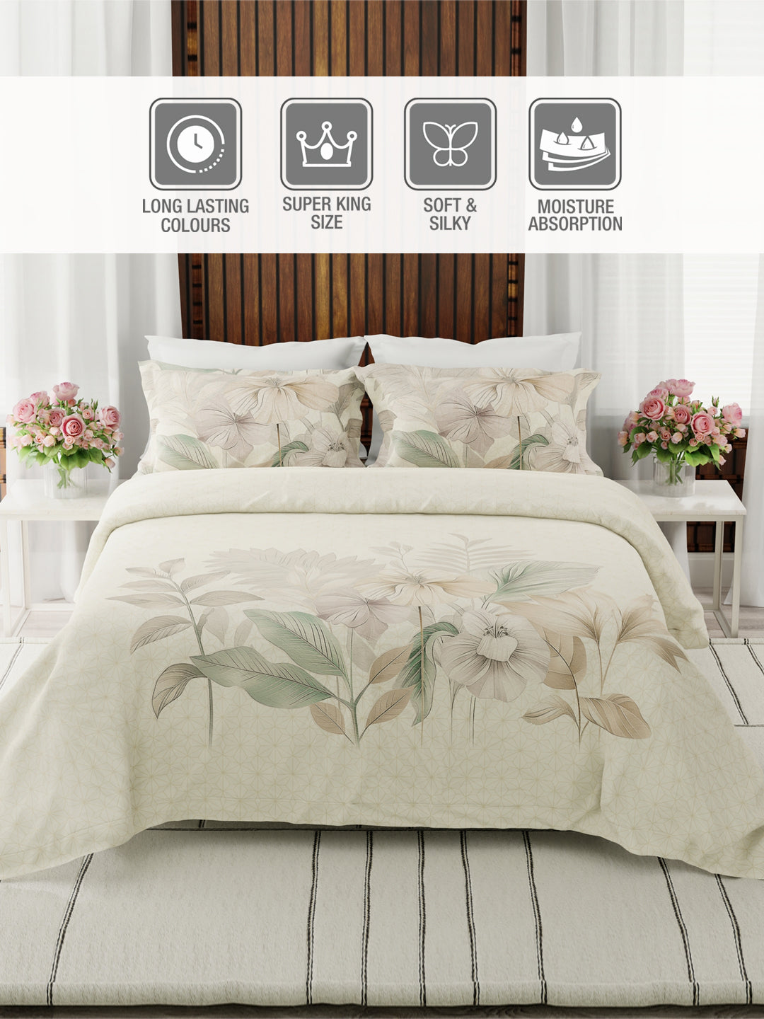 Gardenia Augusta 100% Cotton 300 TC Beige Floral Bedsheet with 2 Pillow Covers - Super King (120 L x 120 W inches)