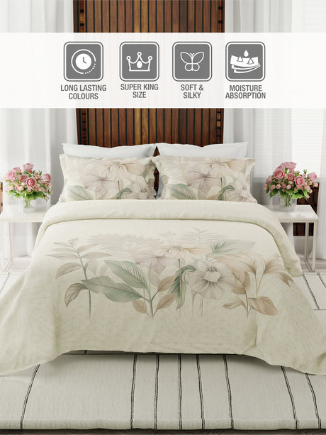 Gardenia Augusta 100% Cotton 300 TC Beige Floral Bedsheet with 2 Pillow Covers - Super King (120 L x 120 W inches)