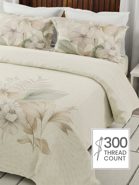 Gardenia Augusta 100% Cotton 300 TC Beige Floral Bedsheet with 2 Pillow Covers - Super King (120 L x 120 W inches)