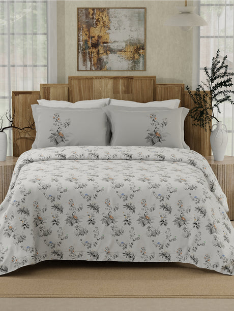 Gardenia Augusta 100% Cotton 300 TC White & Grey Digital Floral Print King Bedsheet with 2 Pillow Covers