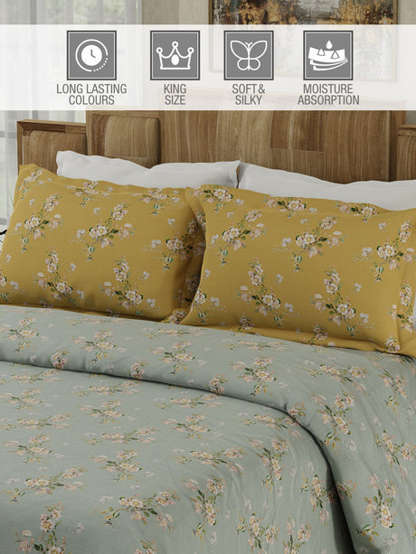 Gardenia Augusta 100% Cotton 300 TC Yellow & Grey Digital Floral Print King Bedsheet with 2 Pillow Covers