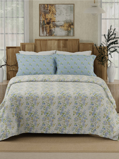 Gardenia Augusta 100% Cotton 300 TC Blue & White Digital Floral Print King Bedsheet with 2 Pillow Covers