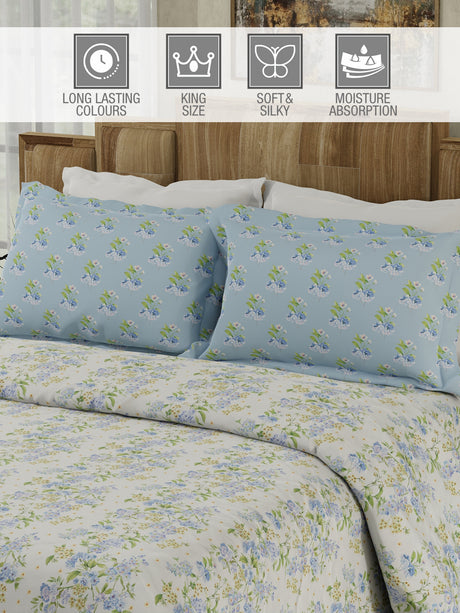 Gardenia Augusta 100% Cotton 300 TC Blue & White Digital Floral Print King Bedsheet with 2 Pillow Covers