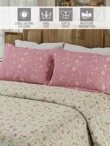 Gardenia Augusta 100% Cotton 300 TC Pink & White Digital Floral Print King Bedsheet with 2 Pillow Covers