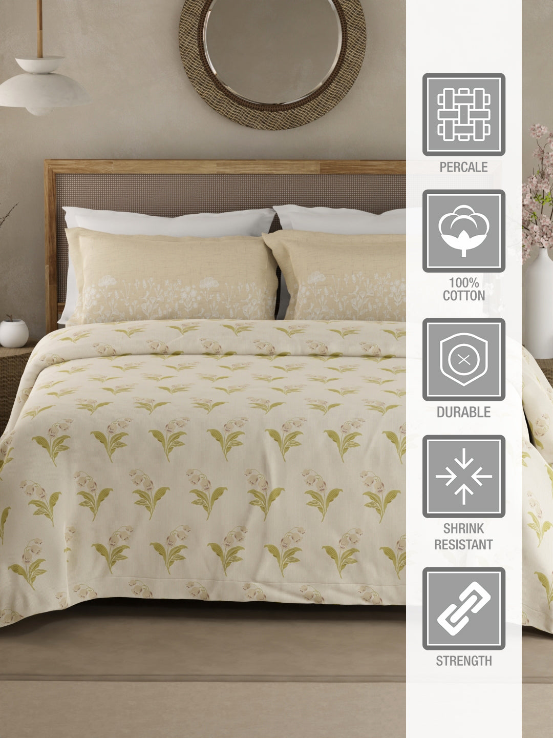 Valatia 100% Cotton 200 TC Double Bedsheet with 2 Pillow Covers - Cream Floral