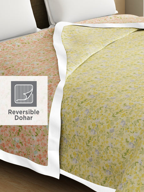Valatia 100% Cotton 200 TC Orange & Yellow Floral Reversible Double Size Dohar (100 L x 90 W inches)