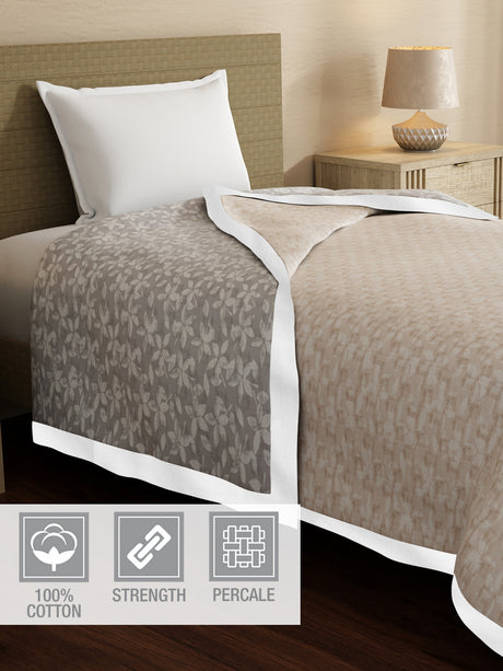 Valatia 100% Cotton 200 TC Grey & Beige Floral Reversible Single Size Dohar (88 L x 60 W inches)