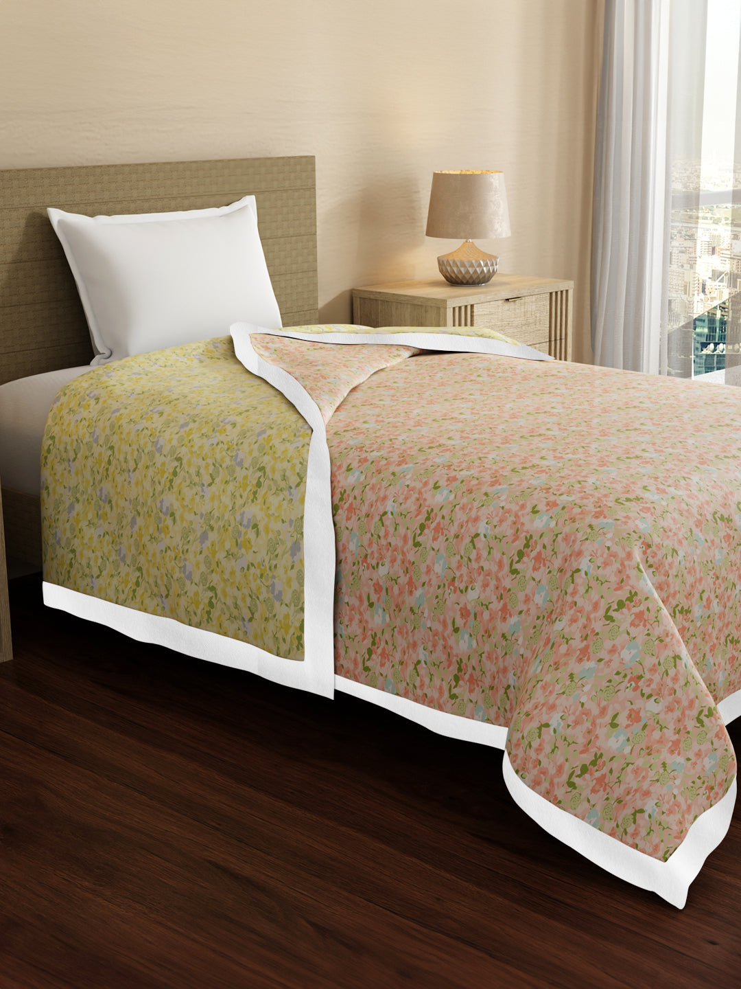 Valatia 100% Cotton 200 TC Orange & Yellow Floral Reversible Single Size Dohar (88 L x 60 W inches)