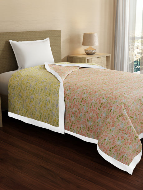 Valatia 100% Cotton 200 TC Orange & Yellow Floral Reversible Single Size Dohar (88 L x 60 W inches)