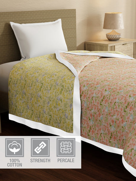 Valatia 100% Cotton 200 TC Orange & Yellow Floral Reversible Single Size Dohar (88 L x 60 W inches)