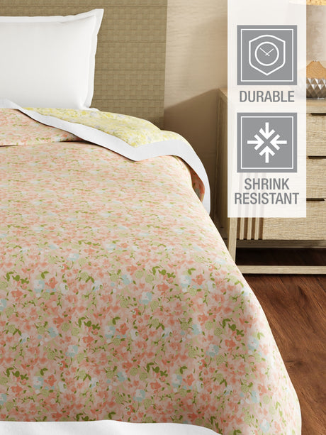 Valatia 100% Cotton 200 TC Orange & Yellow Floral Reversible Single Size Dohar (88 L x 60 W inches)