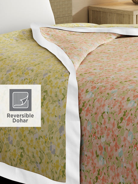 Valatia 100% Cotton 200 TC Orange & Yellow Floral Reversible Single Size Dohar (88 L x 60 W inches)