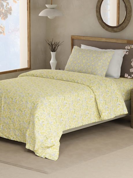 Valatia 100% Cotton 200 TC Single Bedsheet with 1 Pillow Cover - Yellow Floral