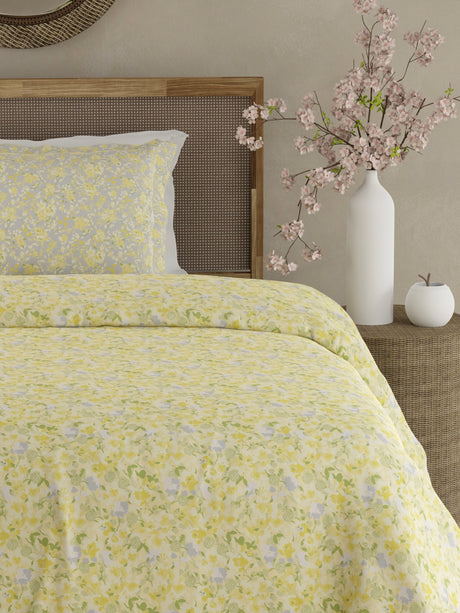 Valatia 100% Cotton 200 TC Single Bedsheet with 1 Pillow Cover - Yellow Floral