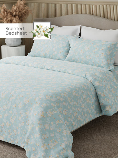 Nature Bouquet Premium 100% Cotton 300 TC Blue Floral King Bedsheet with 2 Pillow Covers (Jasmine Fragrance)
