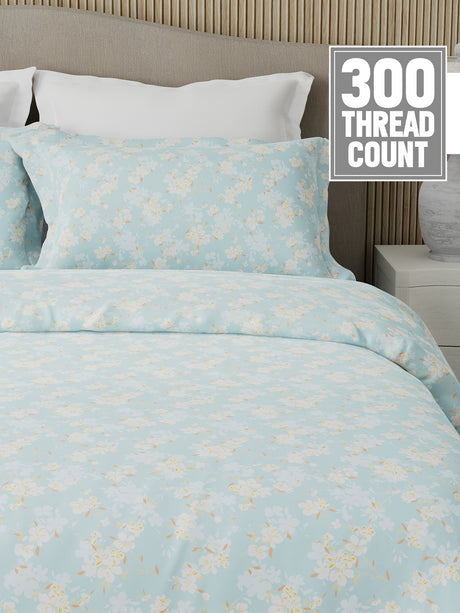 Nature Bouquet Premium 100% Cotton 300 TC Blue Floral King Bedsheet with 2 Pillow Covers (Jasmine Fragrance)