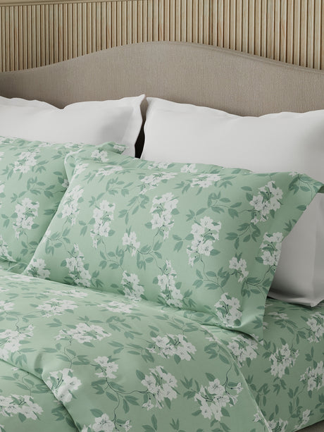Nature Bouquet Premium 100% Cotton 300 TC Green Floral King Bedsheet with 2 Pillow Covers (Jasmine Fragrance)