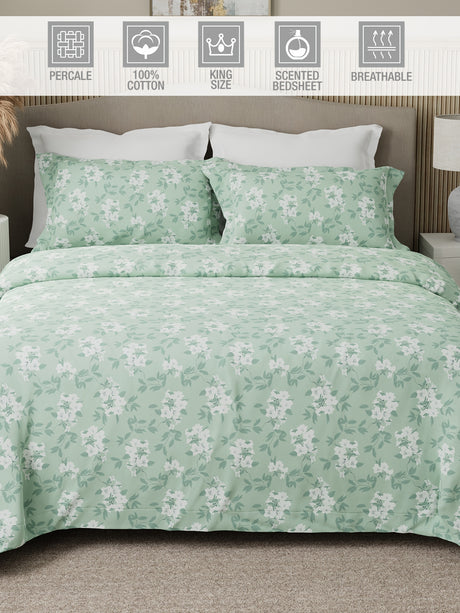 Nature Bouquet Premium 100% Cotton 300 TC Green Floral King Bedsheet with 2 Pillow Covers (Jasmine Fragrance)