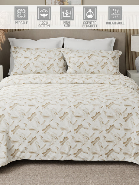 Nature Bouquet Premium 100% Cotton 300 TC Beige King Bedsheet with 2 Pillow Covers (Sandalwood Fragrance)