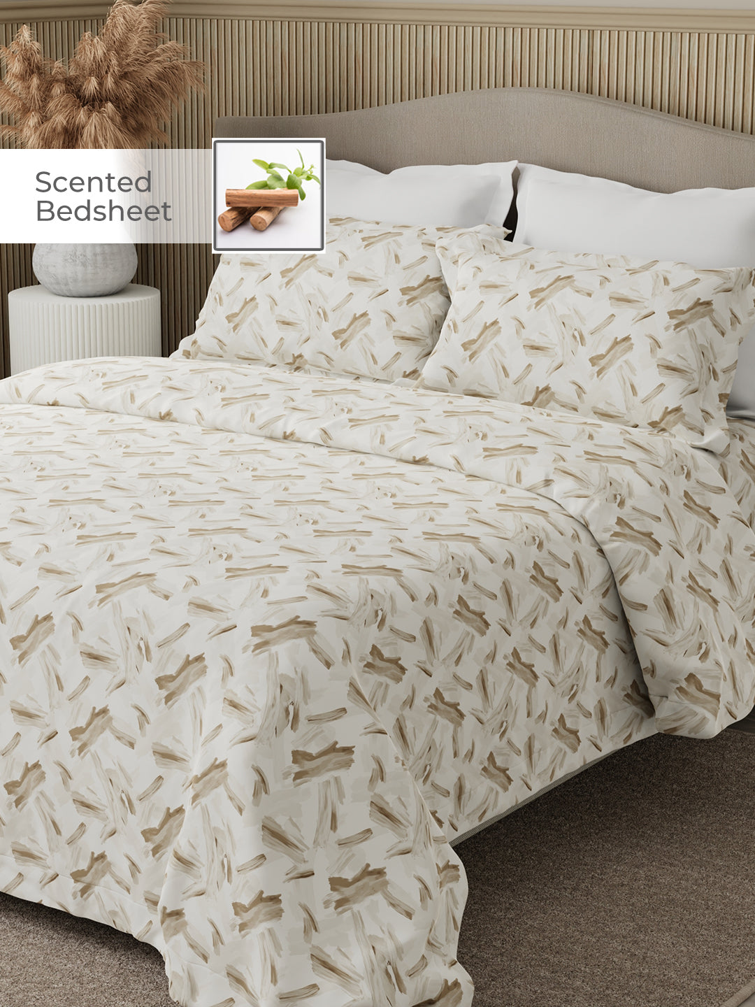 Nature Bouquet Premium 100% Cotton 300 TC Beige King Bedsheet with 2 Pillow Covers (Sandalwood Fragrance)