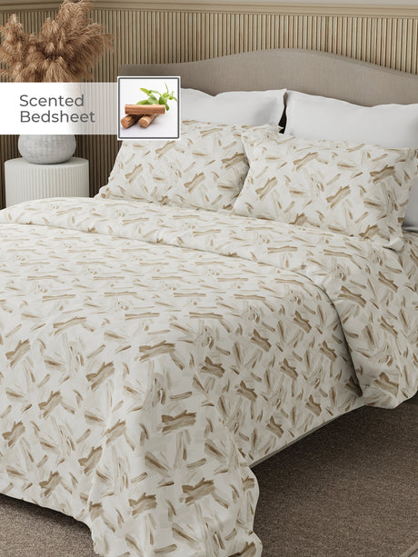 Nature Bouquet Premium 100% Cotton 300 TC Beige King Bedsheet with 2 Pillow Covers (Sandalwood Fragrance)