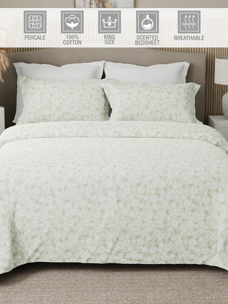 Nature Bouquet Premium 100% Cotton 300 TC Green Floral King Bedsheet with 2 Pillow Covers (Green Apple Fragrance)