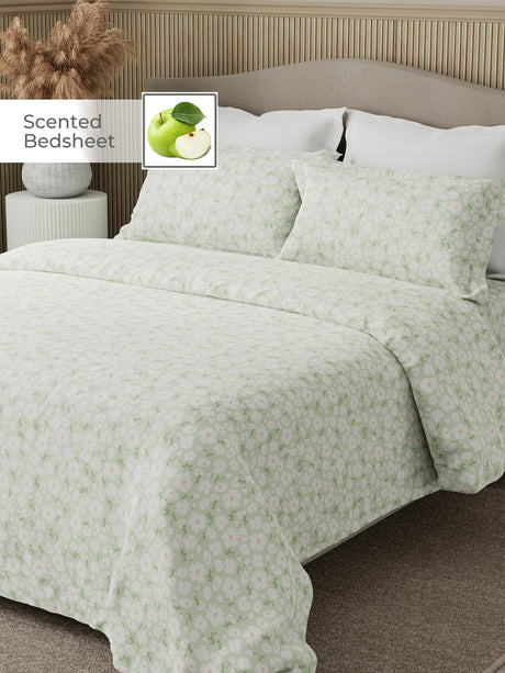 Nature Bouquet Premium 100% Cotton 300 TC Green Floral King Bedsheet with 2 Pillow Covers (Green Apple Fragrance)