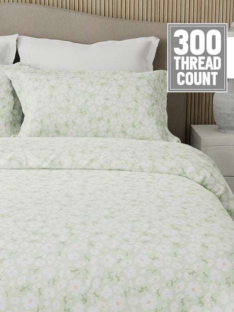 Nature Bouquet Premium 100% Cotton 300 TC Green Floral King Bedsheet with 2 Pillow Covers (Green Apple Fragrance)