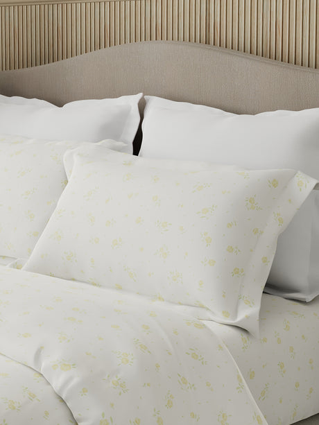 Nature Bouquet Premium 100% Cotton 300 TC White & Yellow Floral King Bedsheet with 2 Pillow Covers (Green Apple Fragrance)