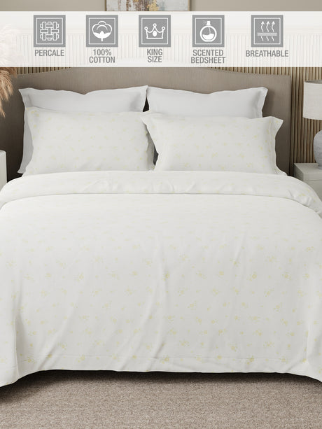 Nature Bouquet Premium 100% Cotton 300 TC White & Yellow Floral King Bedsheet with 2 Pillow Covers (Green Apple Fragrance)