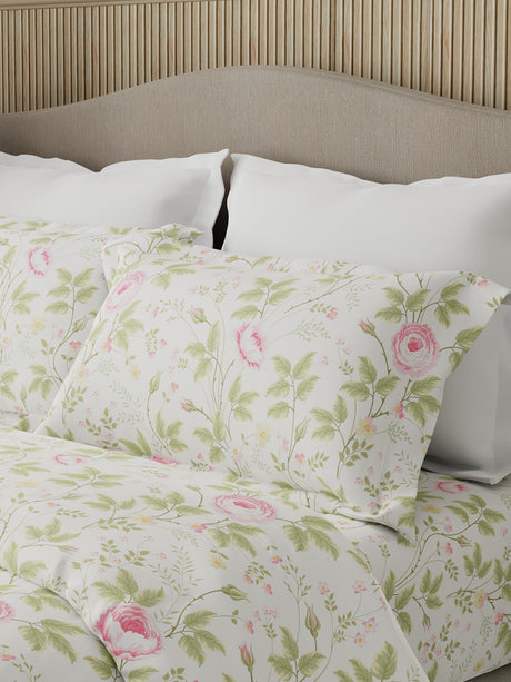Nature Bouquet Premium 100% Cotton 300 TC White, Green & Pink Floral King Bedsheet with 2 Pillow Covers (Rose Fragrance)