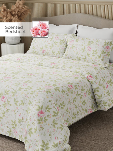 Nature Bouquet Premium 100% Cotton 300 TC White, Green & Pink Floral King Bedsheet with 2 Pillow Covers (Rose Fragrance)