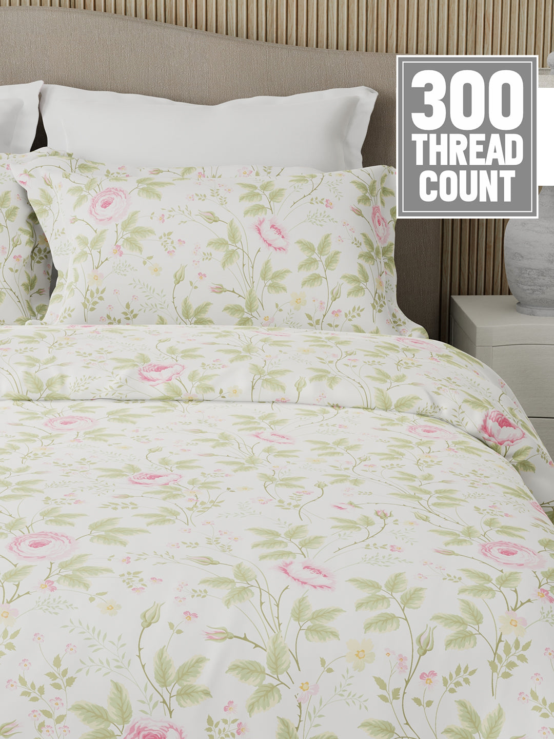 Nature Bouquet Premium 100% Cotton 300 TC White, Green & Pink Floral King Bedsheet with 2 Pillow Covers (Rose Fragrance)