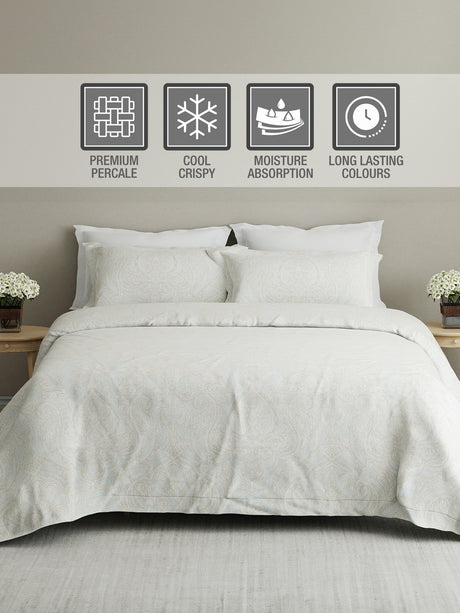 Cottage Garden 100% Cotton 300 TC Cream & Blue Ethnic Print King Bedsheet with 2 Pillow Covers - Perfect for Gifting