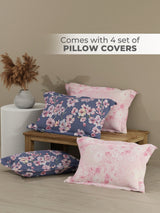 Royal Essence 100% Cotton 400 TC Pink & Purple Digital Floral Print King Bedsheet with 4 Pillow Covers
