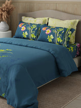 Royal Essence 100% Cotton 400 TC Blue Digital Floral Print King Bedsheet with 4 Pillow Covers