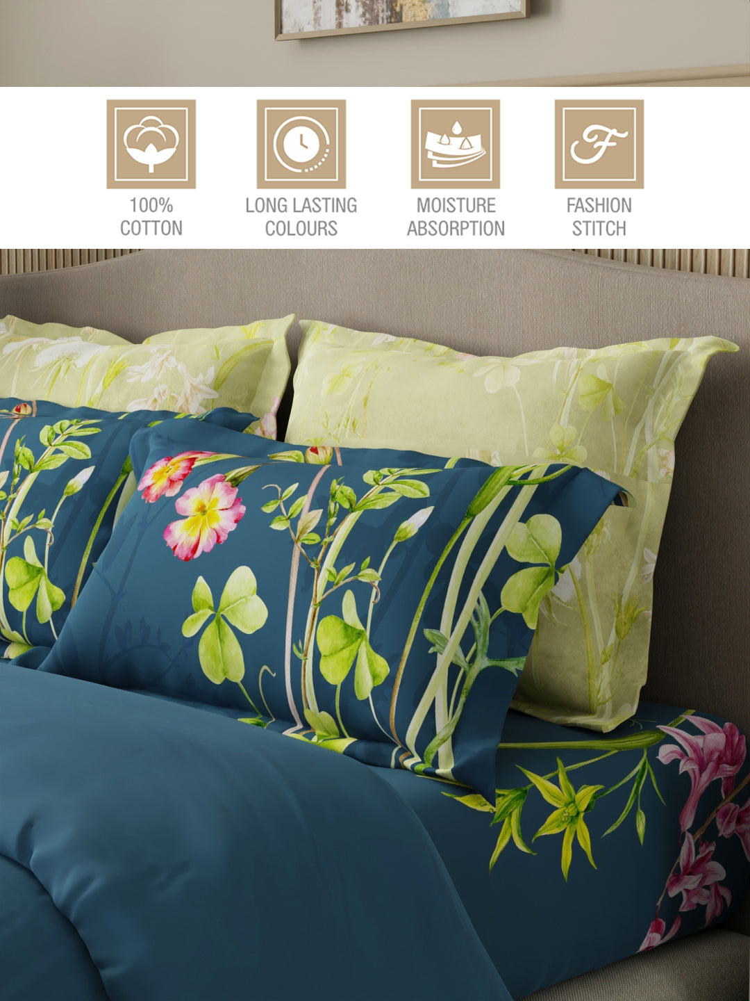 Royal Essence 100% Cotton 400 TC Blue Digital Floral Print King Bedsheet with 4 Pillow Covers