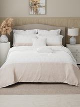 Royal Essence 100% Cotton 400 TC Beige & White Ethnic Print King Bedsheet with 4 Pillow Covers & 2 Cushion Covers