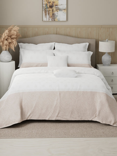Royal Essence 100% Cotton 400 TC Beige & White Ethnic Print King Bedsheet with 4 Pillow Covers & 2 Cushion Covers