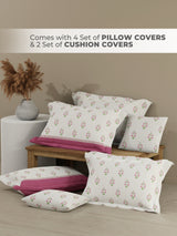 Royal Essence 100% Cotton 400 TC Pink & White Ethnic Print King Bedsheet with 4 Pillow Covers & 2 Cushion Covers