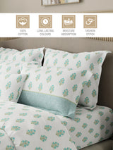 Royal Essence 100% Cotton 400 TC Blue & White Ethnic Print King Bedsheet with 4 Pillow Covers & 2 Cushion Covers