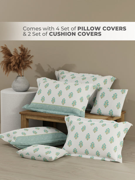 Royal Essence 100% Cotton 400 TC Blue & White Ethnic Print King Bedsheet with 4 Pillow Covers & 2 Cushion Covers