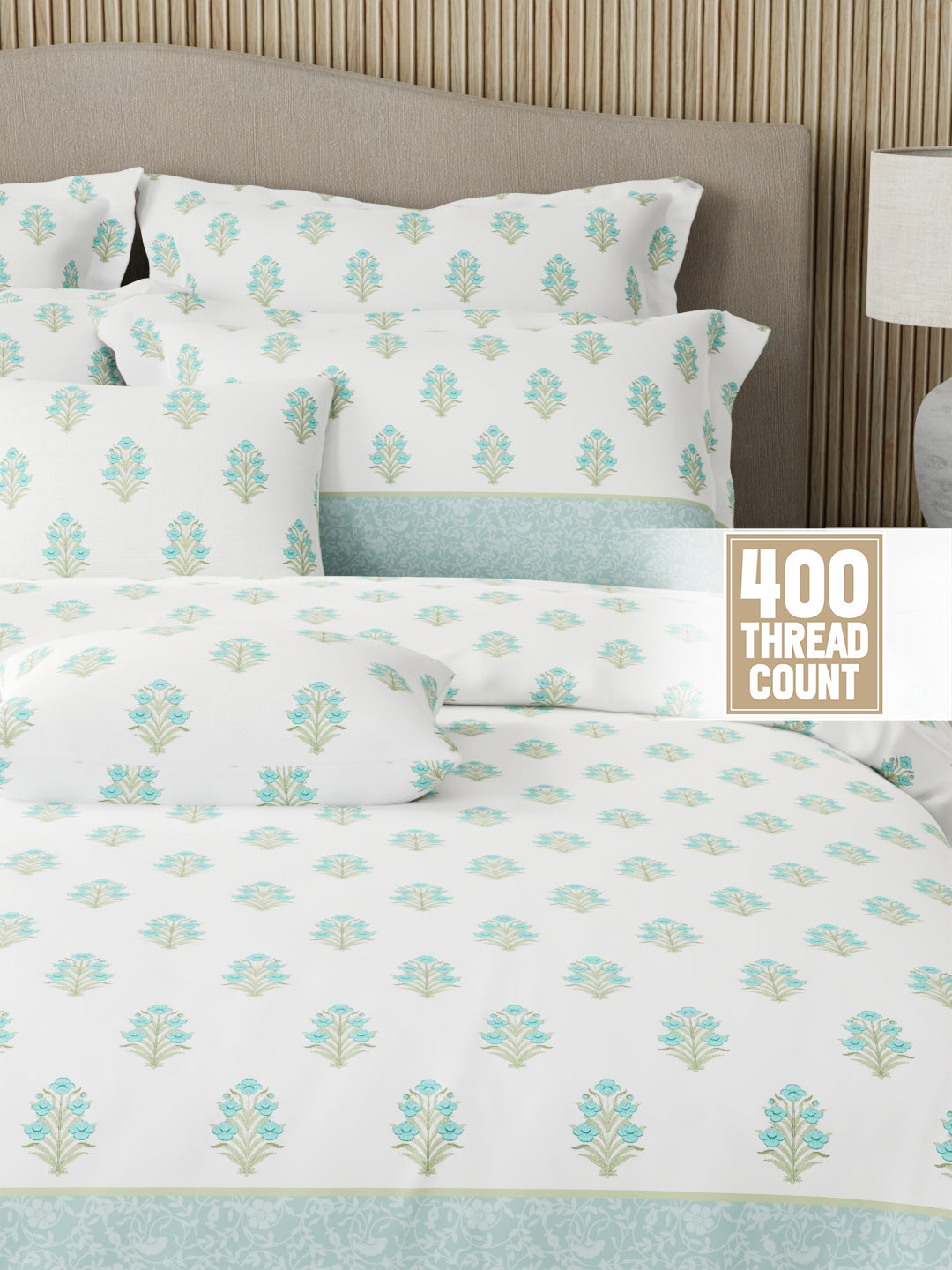 Royal Essence 100% Cotton 400 TC Blue & White Ethnic Print King Bedsheet with 4 Pillow Covers & 2 Cushion Covers
