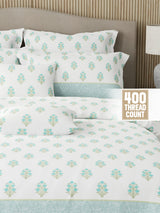 Royal Essence 100% Cotton 400 TC Blue & White Ethnic Print King Bedsheet with 4 Pillow Covers & 2 Cushion Covers